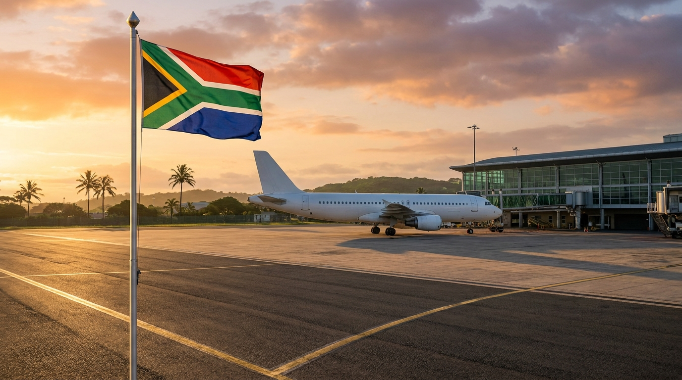 Passenger aircraft at an airport terminal at sunset with the South African flag flying in the foreground